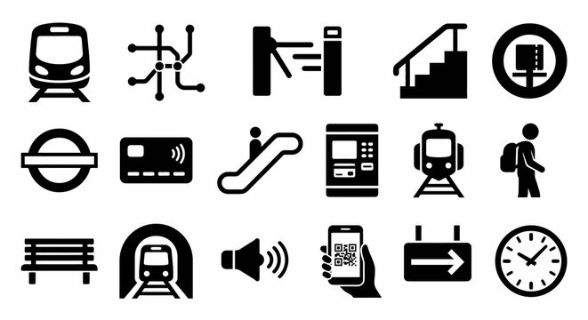 Solid black icons for subway and urban transport systems. Underground train, station, and transit collection. Vector illustration for public mobility, city travel, and metro navigation concepts. Black