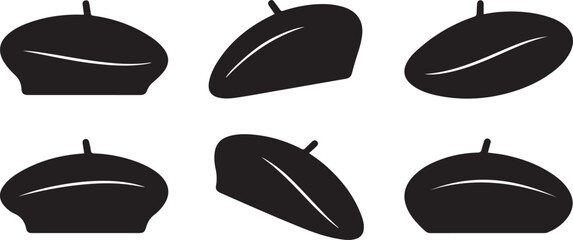 Set of black french beret hat silhouette vector flat illustration design. black art icon drawing vector