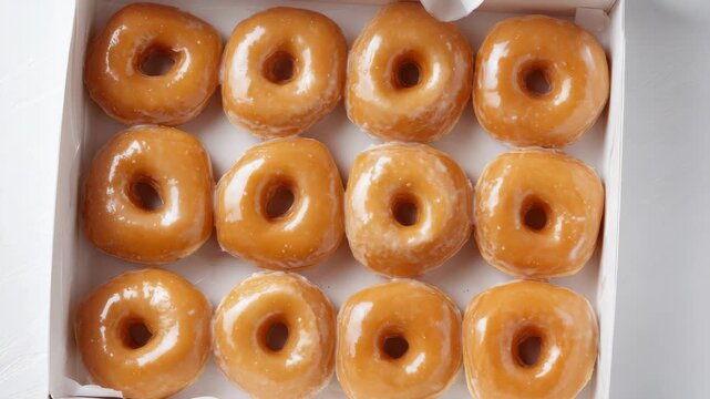 A dozen glazed donuts neatly arranged in a white cardboard box, ready for enjoyment