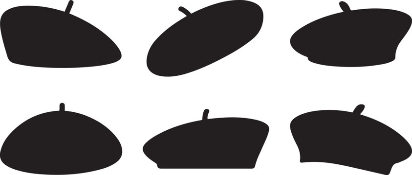 Set of black french beret hat silhouette vector flat illustration design. black art icon drawing vector