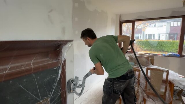 A European man sands a wall with a sander. Wall repair work. Sander in action, medium shot. A construction worker sands drywall and putty. Home renovation and restoration.