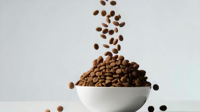 Dry pet food kibble falling into a white bowl, captured in motion