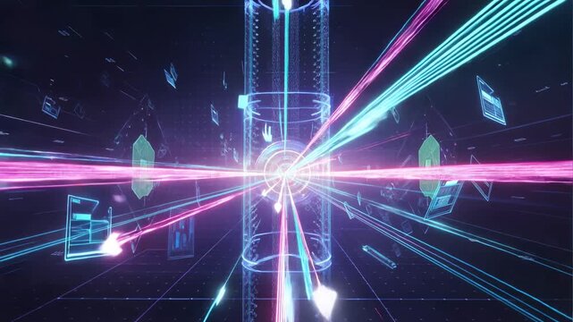 detailed digital network visualization, streams glowing neon data flowing toward central transparent server hub, arrows moving along data lines, floating holographic file icons, high-tech cloud storag