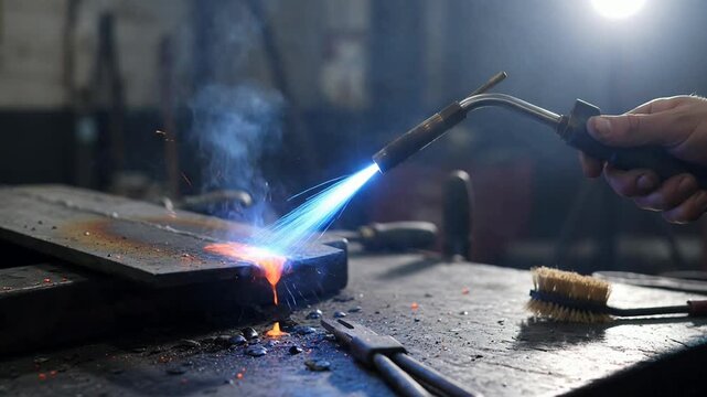 Industrial metal fabrication: dynamic arc welding process with spark eruption and precision tooling in action