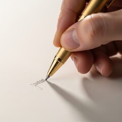 Hand writing with golden pen on paper showing scribbled lines