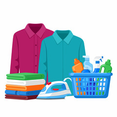 Fototapeta premium Illustration of laundry day essentials with shirts, folded clothes, iron, and cleaning supplies in a basket.