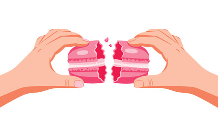 Fototapeta premium A pair of hands precisely pulls apart a vibrant pink macaroon, exposing the intricate layers of its sweet white cream filling on a pure white backdrop.