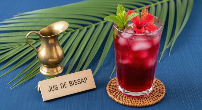 Refreshing Jus de Bissap: Ruby Red Hibiscus Tea with Mint and Ice on Indigo Cotton with Elegant Brass Accents