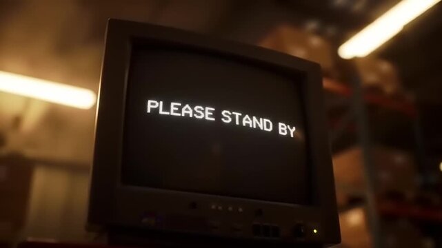 Retro television screen displaying the message 'Please Stand By' in a dimly lit storage room setting, evoking a vintage aesthetic and sense of anticipation