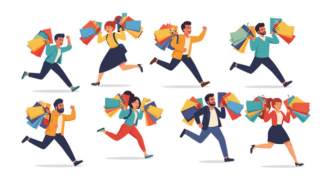 Eight diverse cartoon individuals, four men and four women, run enthusiastically while carrying multiple colorful shopping bags.