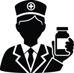Silhouette nurse character holding a medical bottle in hand vector illustration