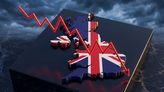 UK Economy Declining Arrow Graph Over British Map Concept Representing Financial Crisis Recession and Economic Instability