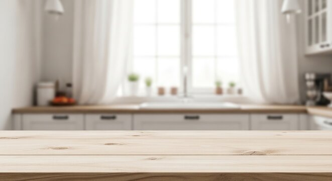 Blurry modern kitchen interior with wooden countertop and large window background