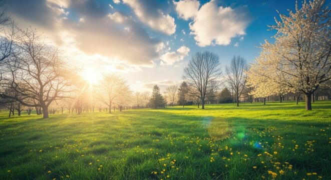 Sunny day in a serene green field with trees and blue sky background