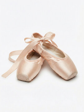 Pair of Pink Satin Ballet Pointe Shoes with Ribbon Laces on White Background