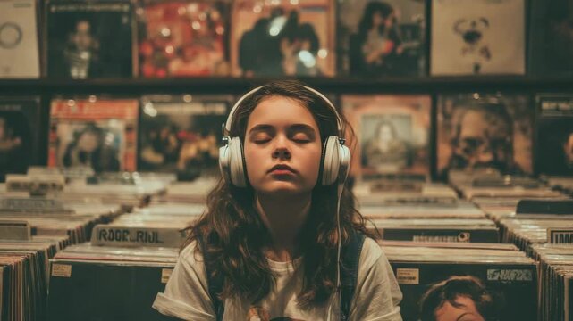 Young girl with headphones on, eyes closed, surrounded by vinyl records in a store