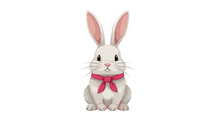 Obraz premium A charming white rabbit with long ears and a fluffy coat is sitting upright, adorned with a pink bow around its neck, against a clean white background.