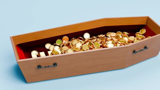 Gold ingots and gold coins in a casket. Camera zooming out. Concept for inheriting a fortune