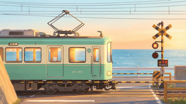 A vintage green train approaches a coastal railroad crossing at sunset, with the ocean waves and warm sky creating a serene and inspiring scene.