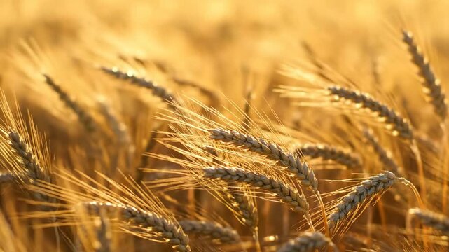 Close-up of golden wheat field in soft sunlight, showcasing grains and texture