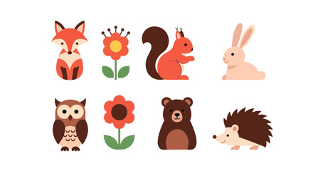 Fototapeta premium Cartoon forest animals and flowers illustration