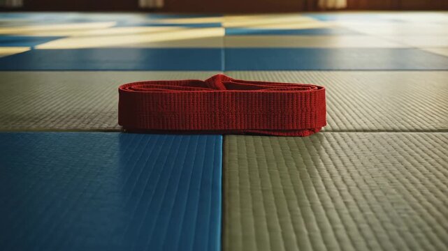 Red martial arts belt on tatami mat highlights training accessory and combat sport achievement, illustrate ranking, preparation, and discipline concepts for fitness, exam, and healthy lifestyle.
