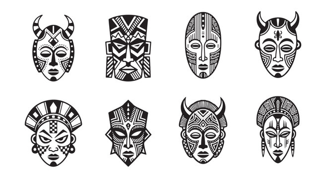 Set of 8 African tribal mask icons vector