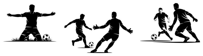 Set of soccer player silhouettes in different action poses during a football game © Mago