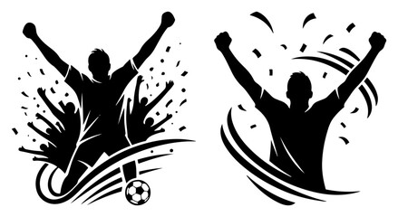 Dynamic soccer players celebrating a goal with confetti in a black and white style © Mago