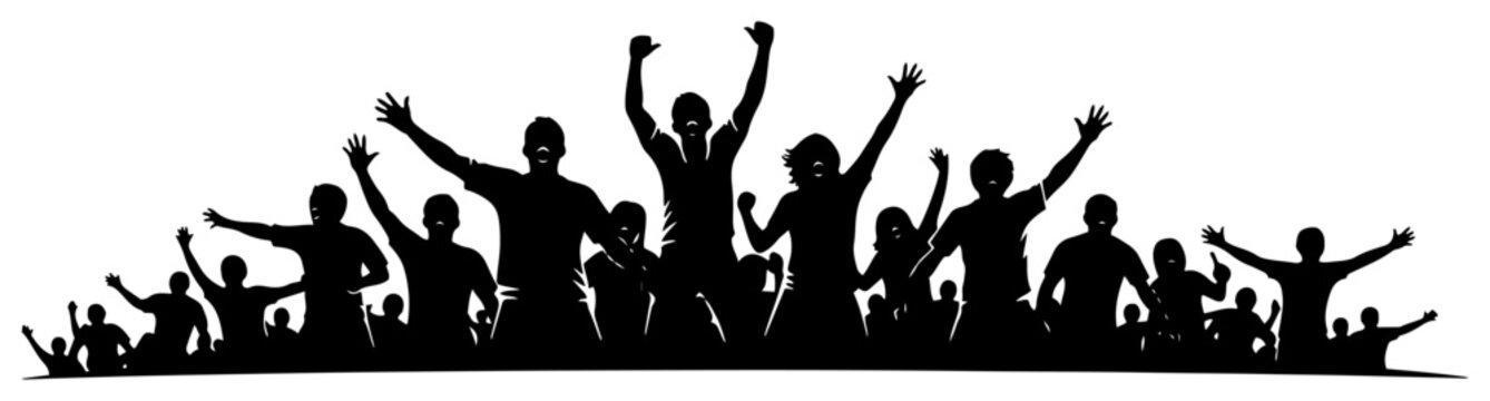 Large silhouette of a cheering crowd of football fans celebrating a goal victory banner