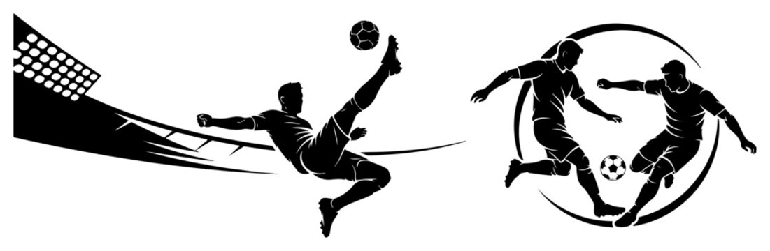 Soccer players in action performing bicycle kick and dribbling during a match silhouette