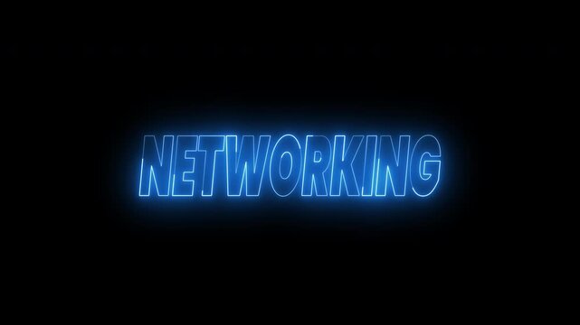 Networking and innovation text animation in glowing blue neon against black. 4k animated typography Ideal for opener videos, technology or communication concepts in design projects.