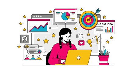Fototapeta premium Woman working on laptop surrounded by creative graphics and charts in a productive workspace setting