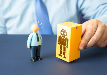 Naklejka na ściany i meble Replacing live workers with robots. Automation of labor and workforce transformation driven by artificial intelligence and industrial innovation.