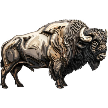 A shiny metal sculpture of a bison standing on a white surface with a rugged textured appearance and curved horns isolated on transparent background, origami, paper cutout