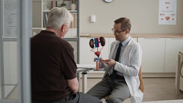 Urologist presenting renal anatomy model and discussing condition with senior patient during consultation in modern medical office, eyelevel medium shot