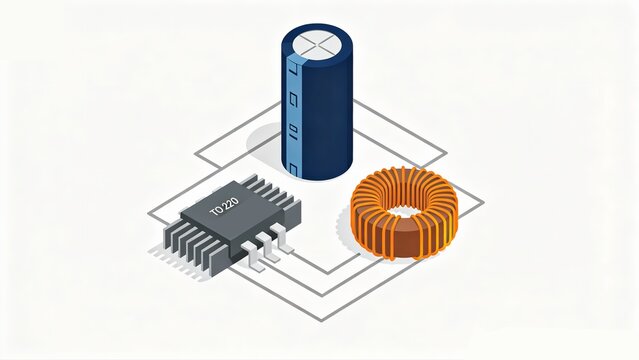 Power Regulation Trio | 3D Isometric Art of Voltage Regulator, Capacitor and Inductor Hardware
