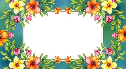 Obraz premium Watercolor floral frame with colorful blooms and leaves surrounding a blank, white rectangle
