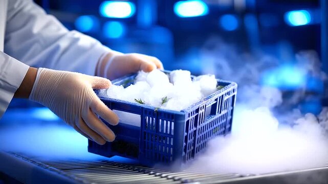 Gloved hands reaching for crate on frost-covered pallet faceless, refrigerated mist swirling underfoot, pristine blue-lit industrial cold room, defocused storage, with copy space