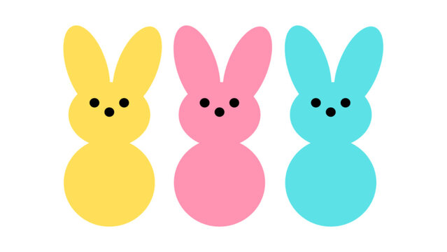 Three colorful marshmallow peeps bunnies in yellow, pink and blue