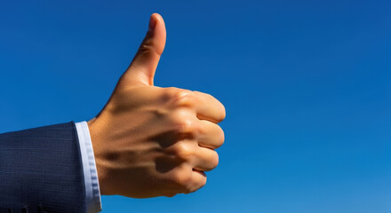 Confident hand gesture with thumbs up against a clear blue sky representing positivity and success