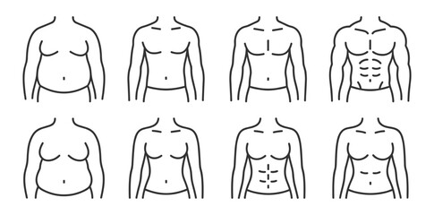 Human body torso transformation icons set with male and female physique fitness muscle abs waist shape and anatomy progress symbols on transparent background