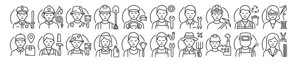 Profession worker and occupation line icons set with police firefighter construction mechanic engineer farmer barber technician and industrial service jobs on transparent background