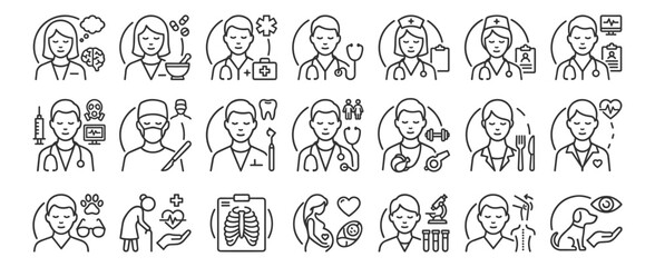 Obraz premium Medical healthcare professionals line icons set with doctor nurse dentist surgeon therapist veterinary laboratory pregnancy xray and healthcare treatment symbols on transparent background