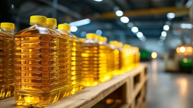 Stacked cartons of bottled olive oil arranged in rows across spacious warehouse floor, high ceilings and soft light emphasizing mass production, defocused background, with copy spa