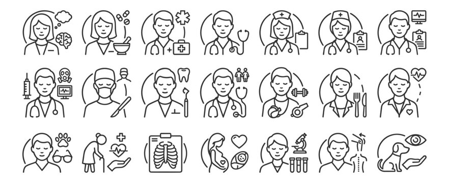 Medical healthcare professionals line icons set with doctor nurse dentist surgeon therapist veterinary laboratory pregnancy xray and healthcare treatment symbols on transparent background