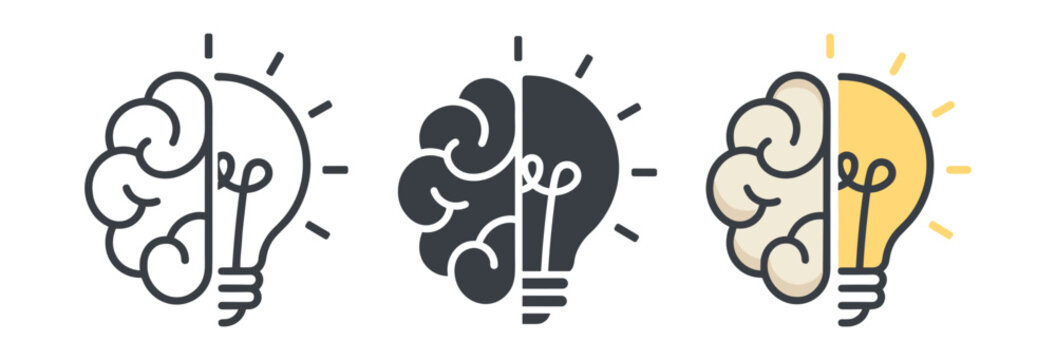 Idea innovation and creativity icons set with brain and lightbulb concept thinking inspiration intelligence and startup solution symbols on transparent background