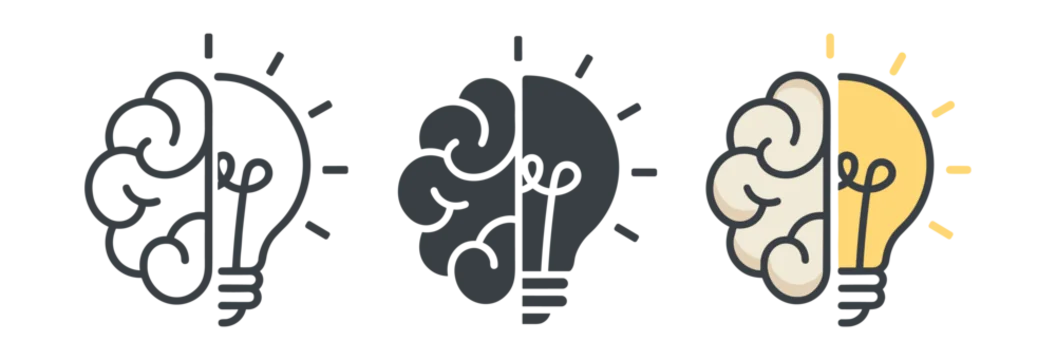 Idea innovation and creativity icons set with brain and lightbulb concept thinking inspiration intelligence and startup solution symbols on transparent background
