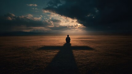 Lone Soldier Kneeling at Cross in Field Sunset Remembrance Tribute