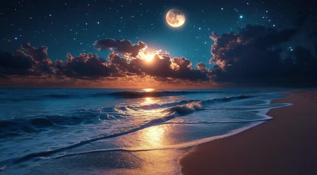 Moonlit Ocean Beach at Sunset with Stars and Clouds wallpaper